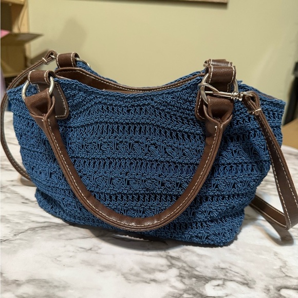 Blue and Brown Textured Shoulder Bag with Leather Accents - Picture 3 of 11